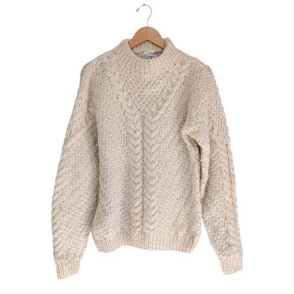 Cable Knit Wool Sweater Mens L Ivory Cream Fisherman Vintage Heavy Heritage - Picture 3 of 9